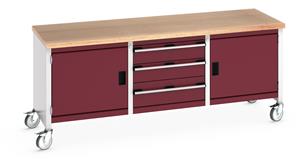 41002124.** Bott Cubio Mobile Storage Workbench 2000mm wide x 750mm Deep x 840mm high supplied with a Multiplex (layered beech ply) worktop, 3 x drawers (1 x 200mm & 2 x 150mm high) and 2 x 500mm high integral storage cupboards each with an adjustable shelf....